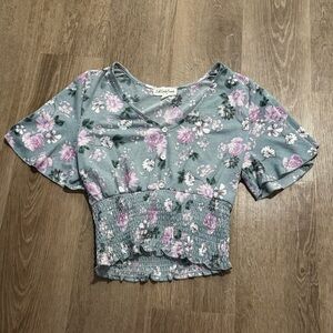 Green and Pink Crop Puff Sleeve Blouse